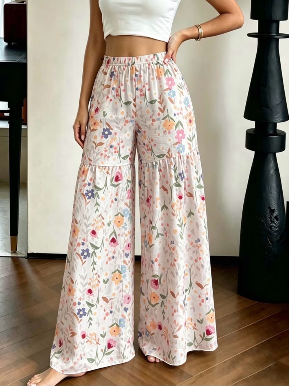 Floral Wide-Leg Palazzo Pants with Pockets - High Waist New Boutique - Picture 4 of 6